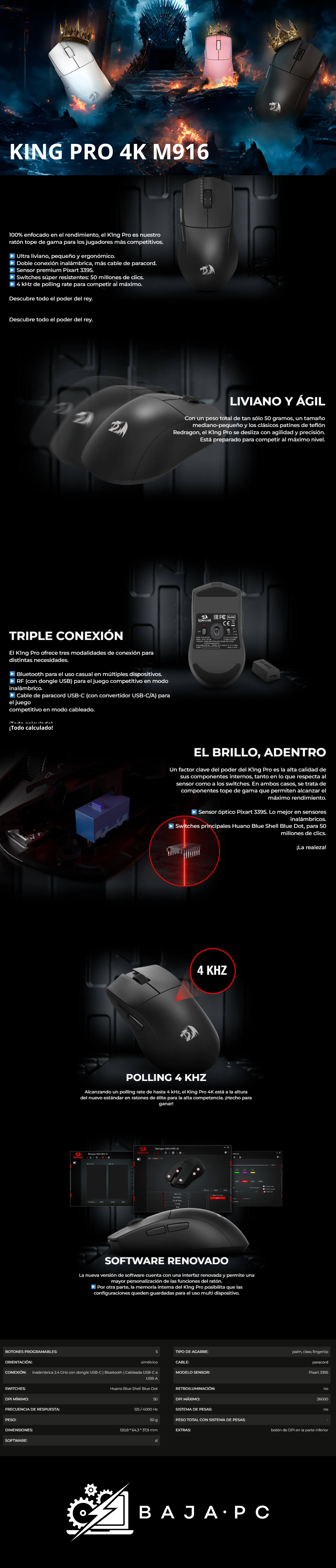 Mouse Gamer Redragon K1ng 4K Pro, Inalambrico, 26K DPI, Ultralight, Botones Programables - M916-PRO-4K