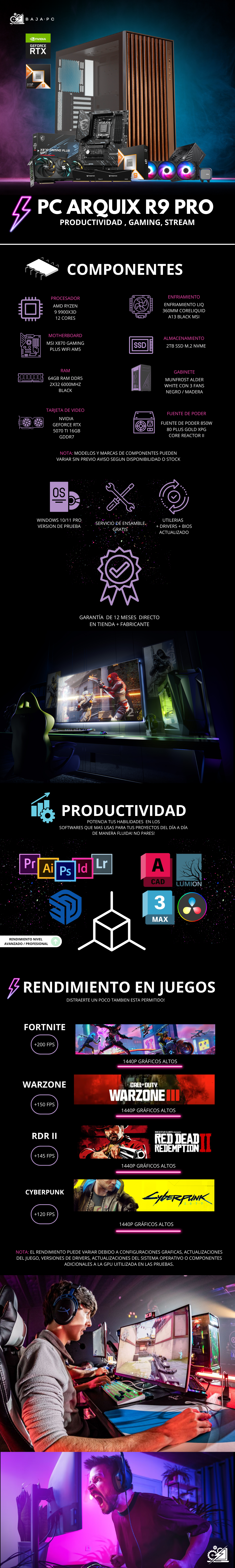PC ARQUIX R9 PRO / AMD RYZEN 9 9900X3D / RTX 5070 TI / 64GB RAM DDR5 /2TB SSD M.2 NVME / ENFRIAMIENTO LIQ  360MM / FUENTE 850W 80+ GOLD / PROMOCION