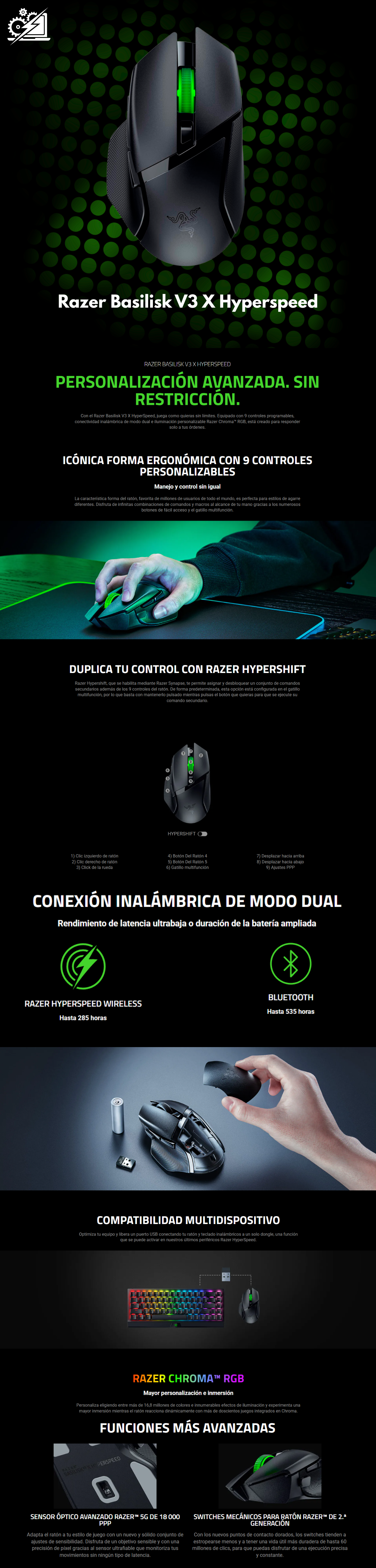 Mouse Gamer Razer Basilisk V3 X HyperSpeed / Inalámbrico / Interruptores Mecánicos / Sensor Óptico Avanzado / Chroma RGB / 9 Controles Programables / Negro