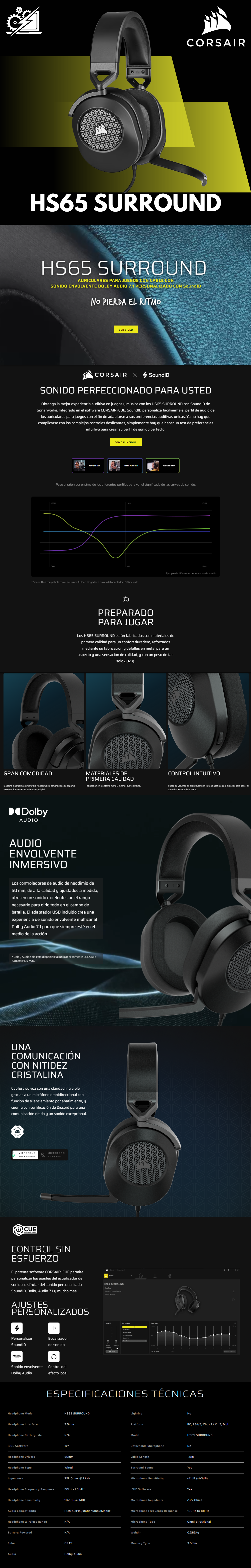 Corsair Audífonos Gamer HS65 SURROUND 7.1, Alámbrico, 1.8 Metros, 3.5mm/USB, Negro