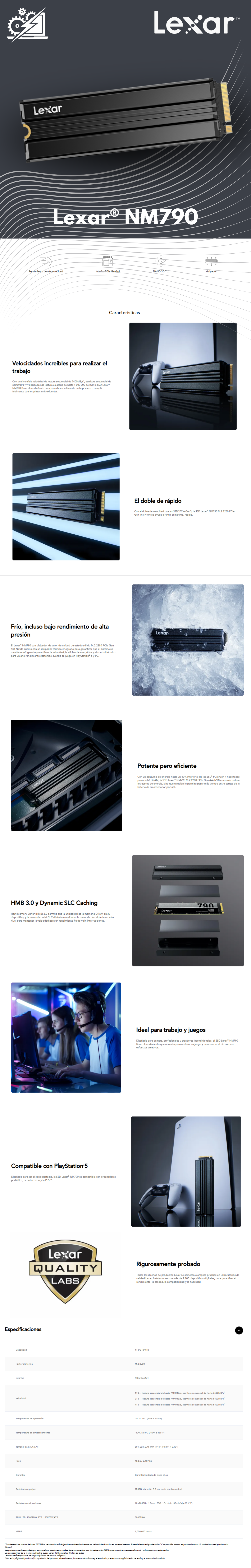 Unidad de estado sólido (SSD) Lexar® NM790 2TB con disipador de calor de M.2 2280 PCIe Gen 4x4 NVMe