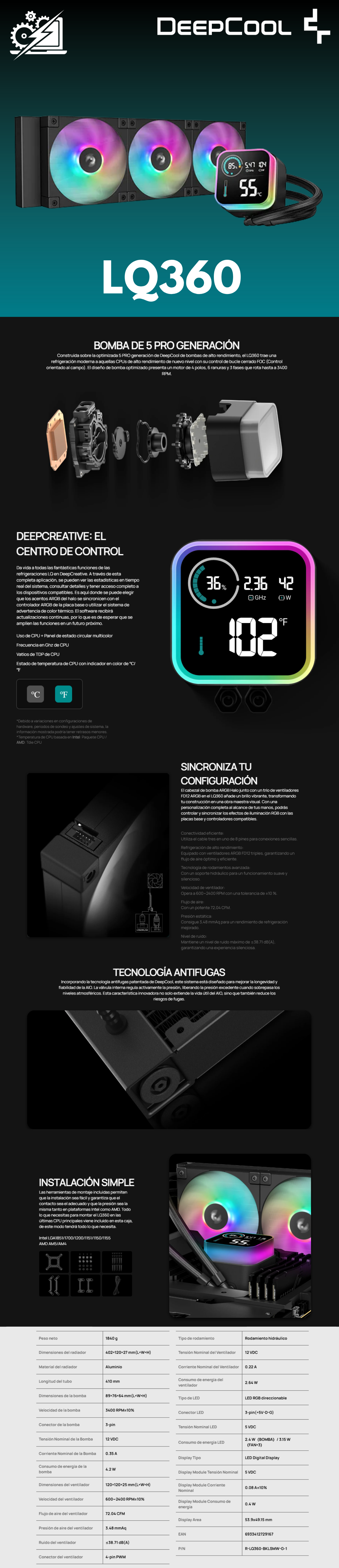 Enfriamiento Líquido DeepCool LQ360 ARGB / 3x120mm / 600-2400RPM / Negro / R-LQ360-BKLSMW-G-1