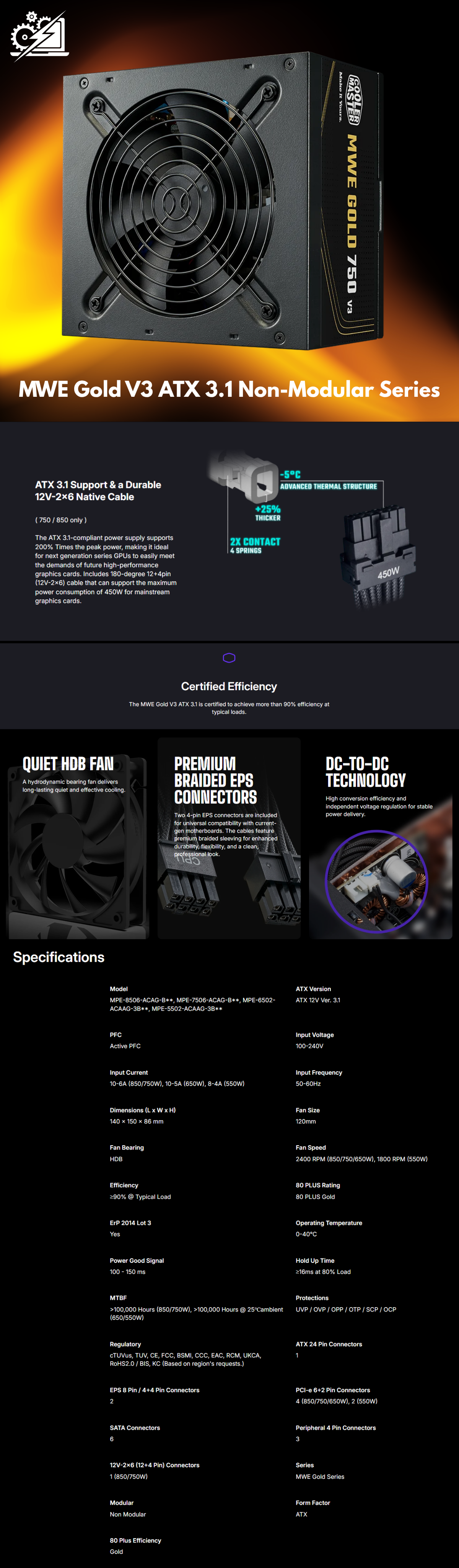 Fuente de Poder Cooler Master MWE GOLD 750 V3 / 750W / 80+ Gold / 24-pin ATX / 12VHPWR / 120mm