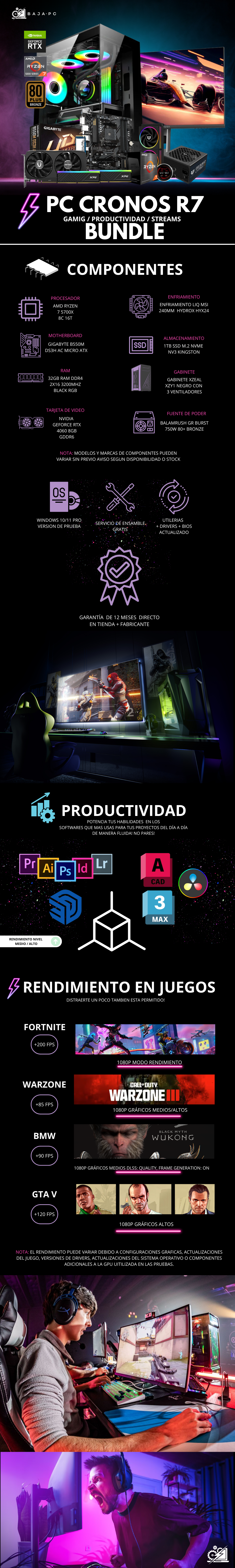 PC CRONOS R7 BUNDLE / AMD RYZEN 7 5700X / RTX 4060 / 32GB RAM / 1TB SSD M.2 NVME / ENFRIAMIENTO LIQ 240MM / FUENTE 750W 80+ BRONZE / INCLUYE MONITOR 23.8" FHD IPS 165HZ 1MS/ PROMOCION