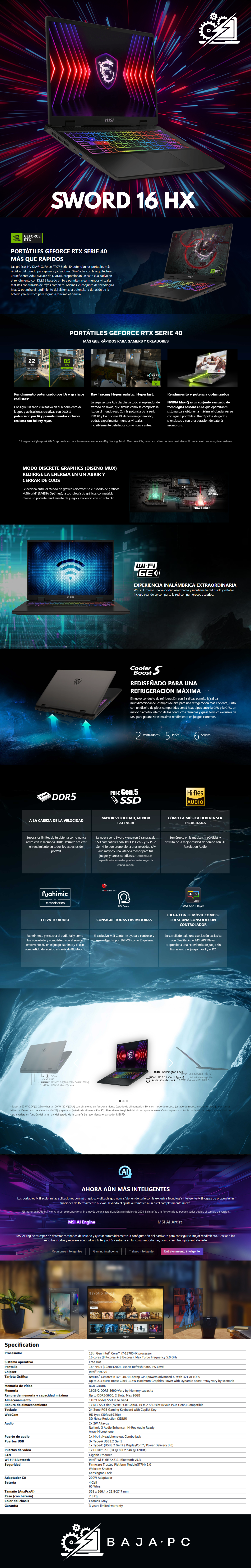 Laptop Gamer MSI Sword 16 HX B13VGKG  / Intel Core I7-13700HX / RTX 4070 / 16GB RAM DDR5 / 1TB SSD /  Pantalla 15.6" FHD 144HZ / W11 Home / Promocion