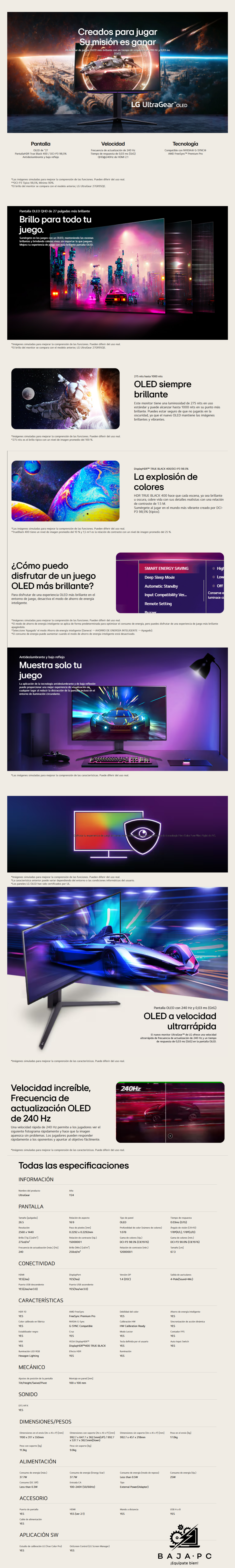 Monitor LG  Monitor gaming OLED UltraGear™ de 27'' 27GS95QE / 2560 x 1440, Tipo de panel OLED / 240HZ,Tiempo de respuesta 0.03ms 