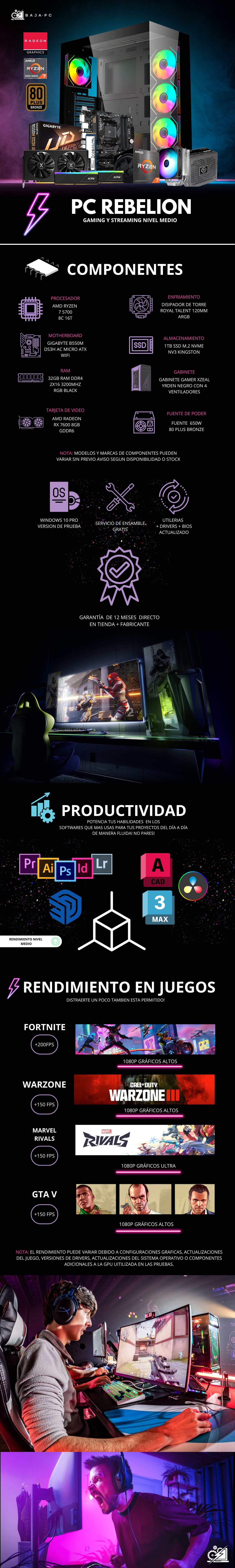PC REBELION / AMD RYZEN 7 5700 / RADEON RX 7600 / 32GB RAM / 1TB SSD NVME / DISIPADOR DE TORRE / FUENTE 650W 80+ BRONZE/ PROMOCION