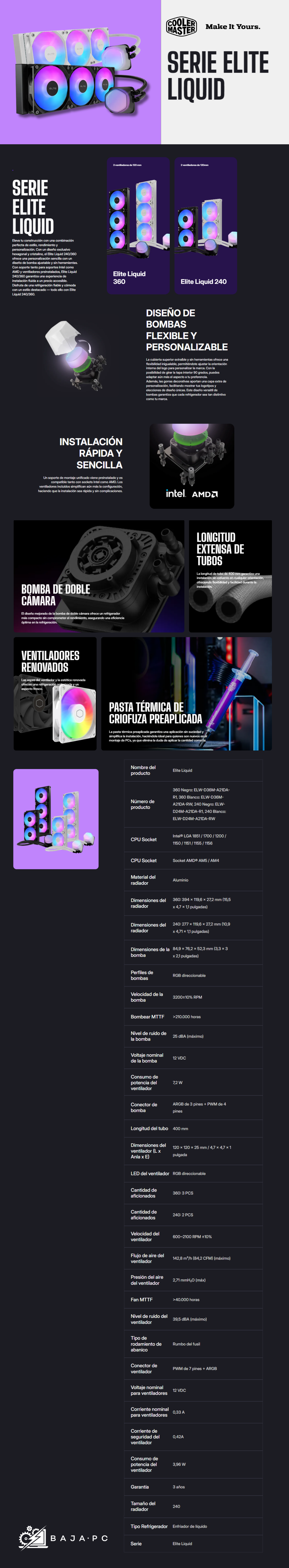 Enfriamiento Líquido Cooler Master ELITE LIQUID 360 / 3x120mm/ NEGRO/ ELW-D36M-A21DA-R1