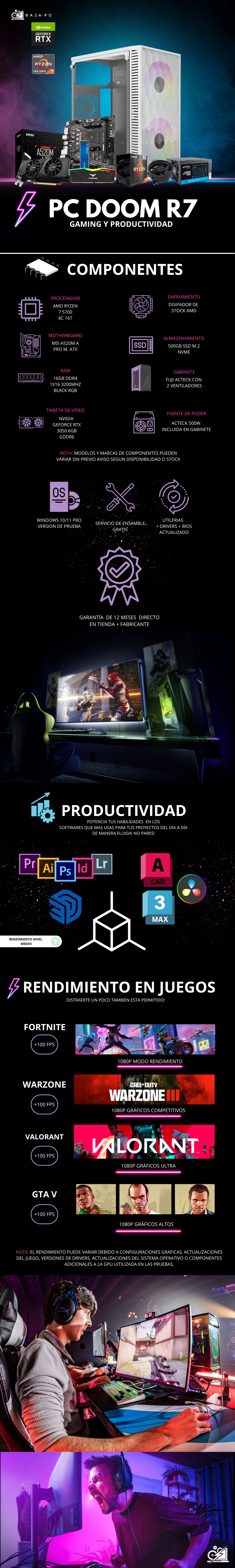 PC DOOM R7 / AMD RYZEN 7 5700 / RTX 3050 / 16GB RAM / 500GB SSD NVME / FUENTE 500W / PROMOCION