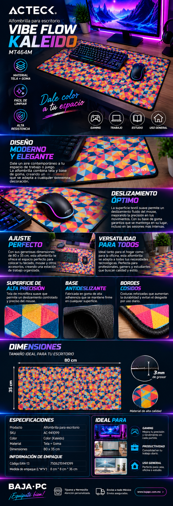 Mouse Pad Vibe Flow Kaleido MT464M ACTECK Advanced Series Tela + Goma, Medidas 80cm x 35cm