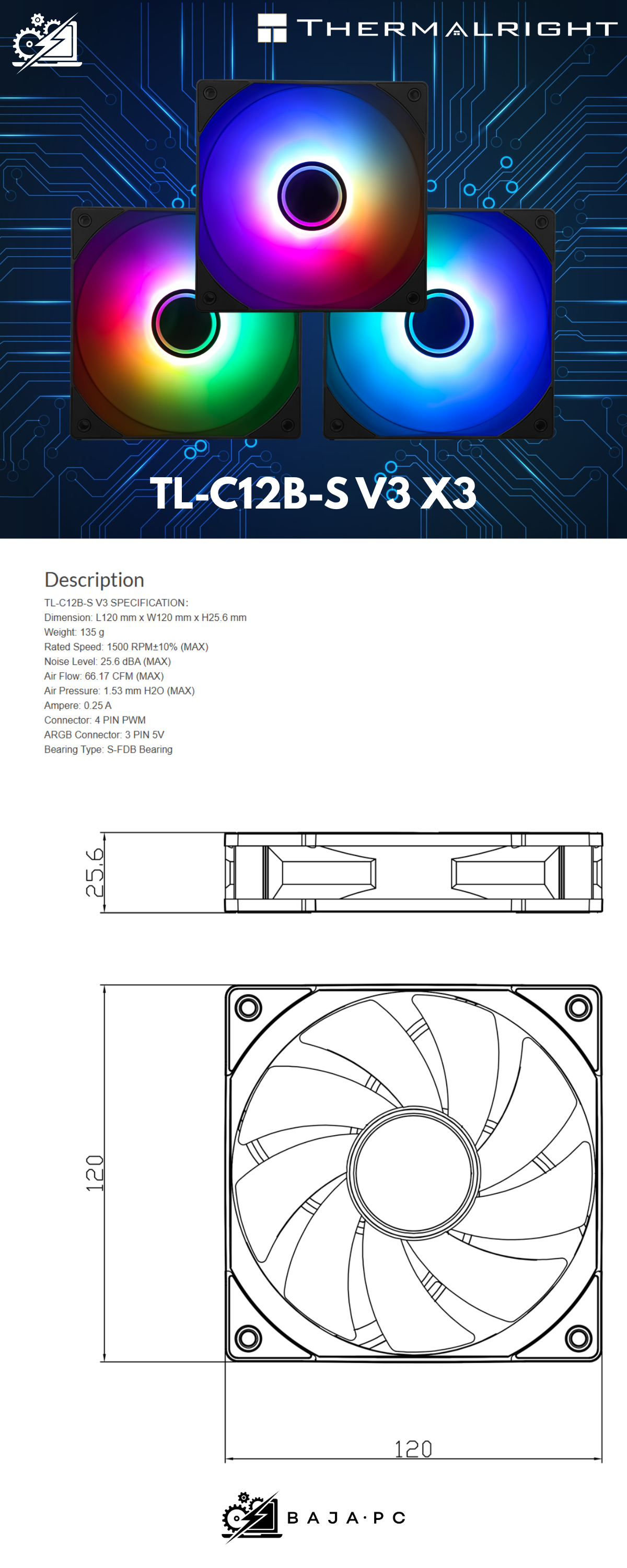 Kit 3 Ventiladores Thermalright TL-C12B-S V3 X3 / Color NEGRO / 4 PIN PWM