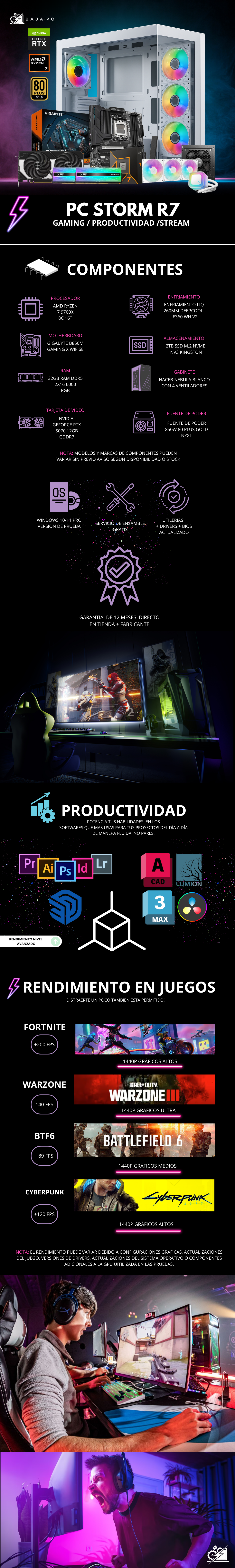 PC STORM R7 / AMD RYZEN 7 9700X / RTX 5070 / 32GB RAM DDR5 / 2TB SSD NVME / B850M / FUENTE 850W 80+ GOLD / ENFRIAMIENTO LIQ 360MM / PROMOCION