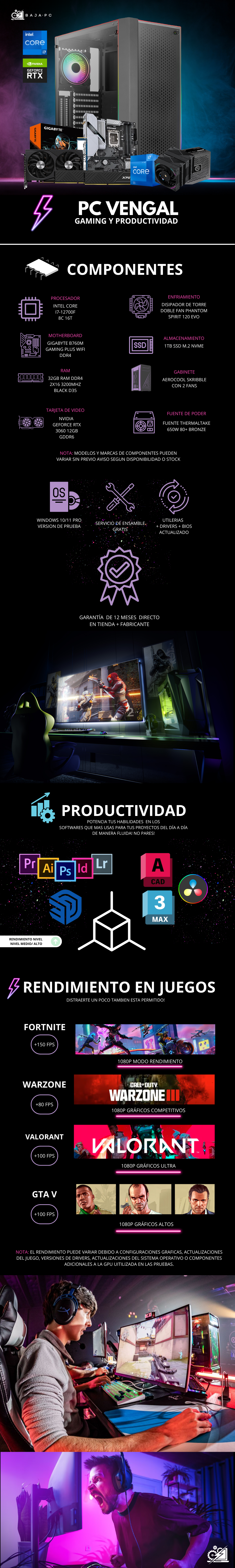 PC VENGAL / INTEL CORE I7-12700F / RTX 3060 / 32GB RAM / 1TB SSD NVME / DISIPADOR DE TORRE DOBLE / FUENTE 650W 80+ BRONZE/ PROMOCION
