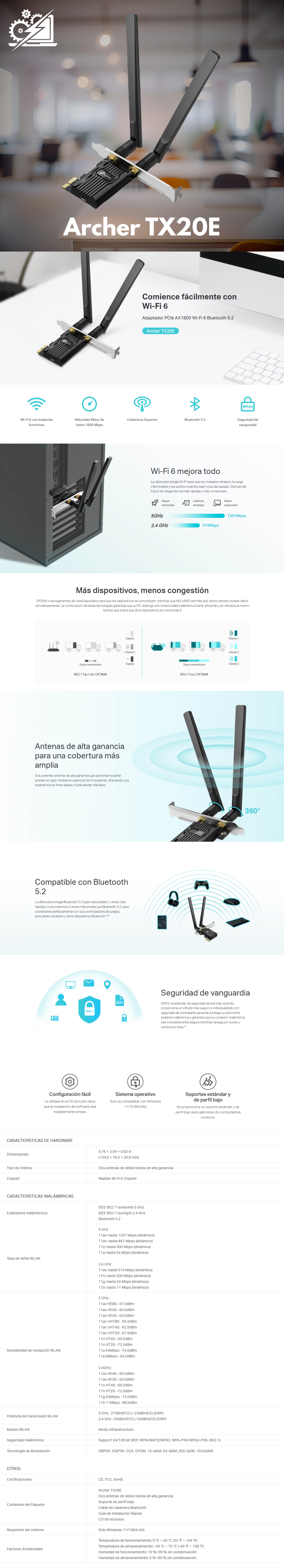 TP-Link Tarjeta de Red/Bluetooth Archer TX20E, WiFi 6, 1800 Mbit/s, 2 Antenas