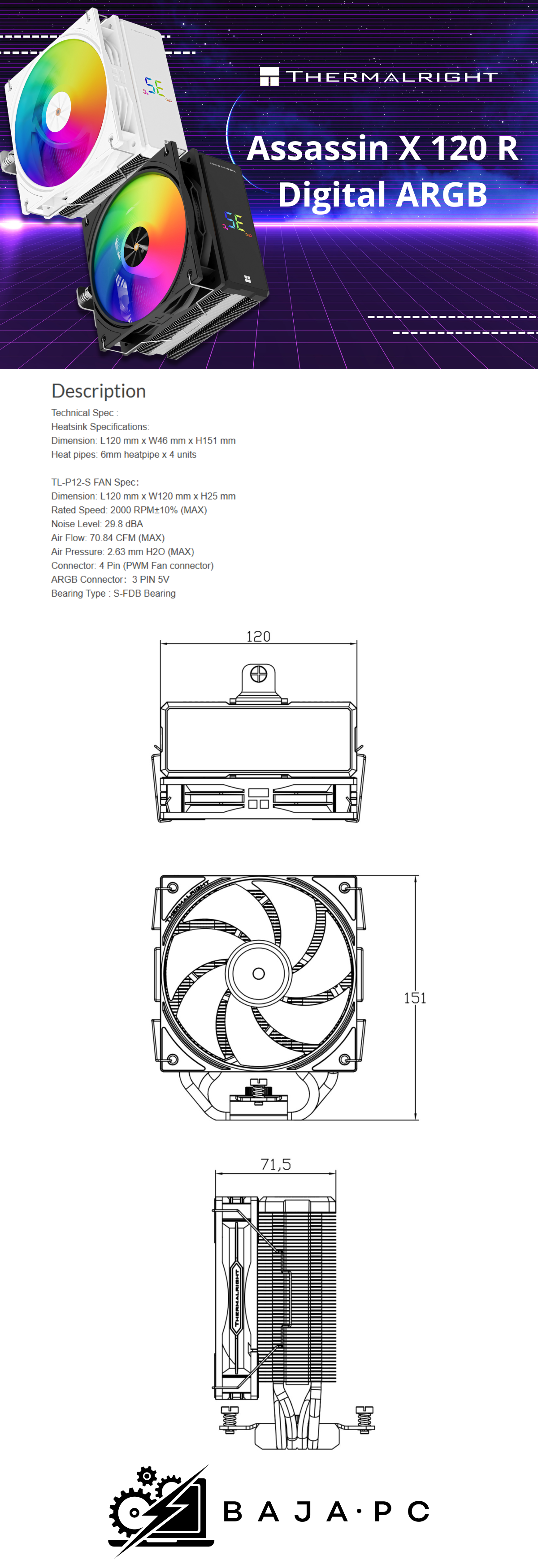 Disipador de torre THERMALRIGHT Assassin X 120 R Digital, ARGB/ AMD / INTEL / NEGRO