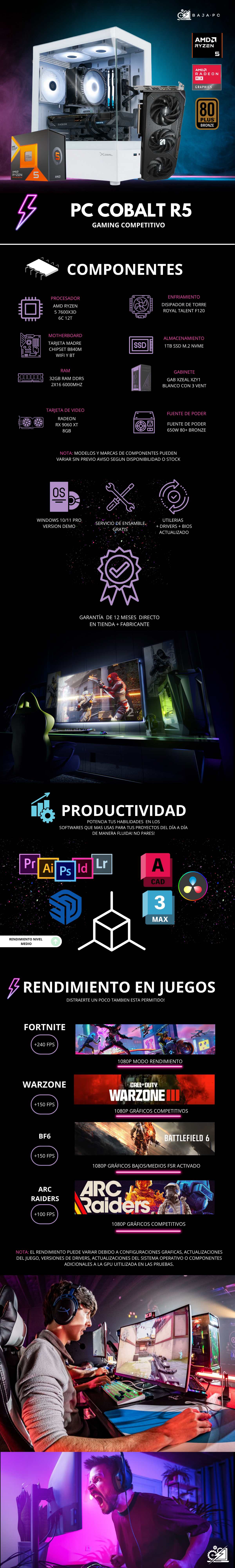 PC COBALT R5 / AMD RYZEN 5 7600X3D / RADEON RX 9060 XT / 32GB RAM DDR5/ 1TB SSD NVME / FUENTE 650W 80+ BRONZE / DISIPADOR DE TORRE / W11 PRO / PROMOCION