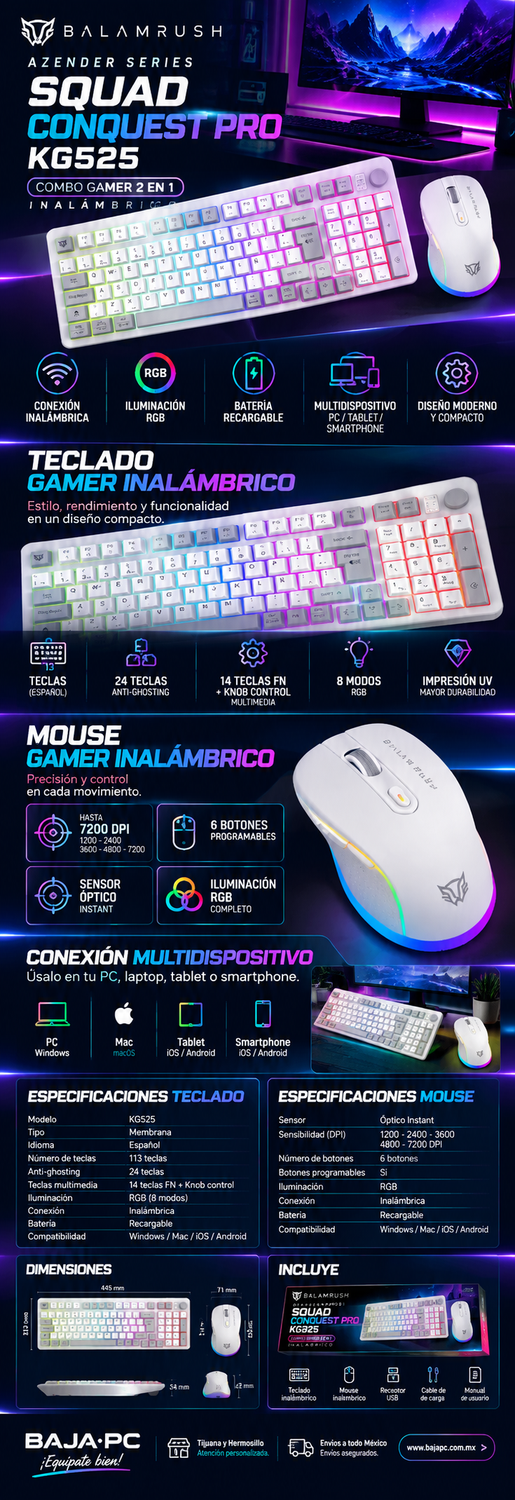 Combo Teclado + Mouse Inalámbrico | Squad Conquest Pro KG525 | Blanco