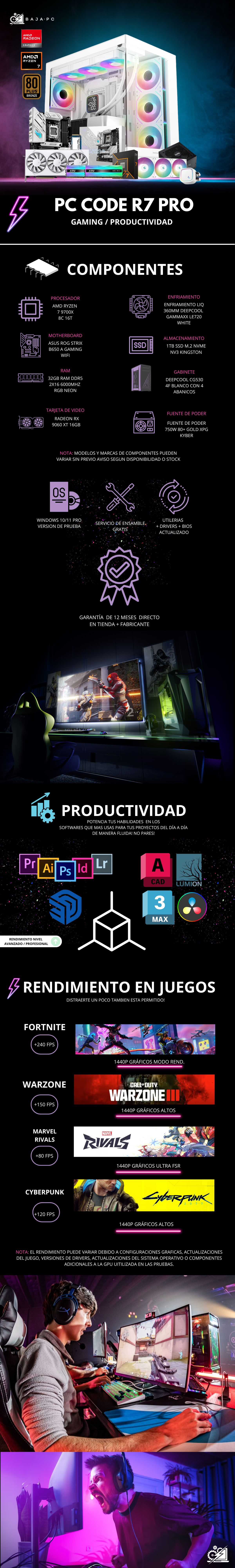 PC CODE R7 PRO / AMD RYZEN 7 9700X  / RADEON RX 9060 XT 16G / 32GB RAM DDR5 / 1TB SSD NVME / ENFRIAMIENTO LIQ 360MM / FUENTE 750W 80+ GOLD / PROMOCION