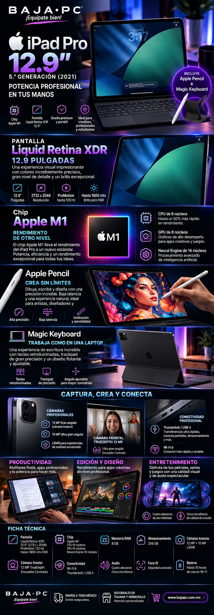 IPAD PRO 12.9" 5TA GEN / M1 CHIP / MAGIC KEYBOARD / APPLE PENCIL / 8C CPU / 8C GPU / LIQUID RETINA XDR / EQUIPO SEMINUEVO