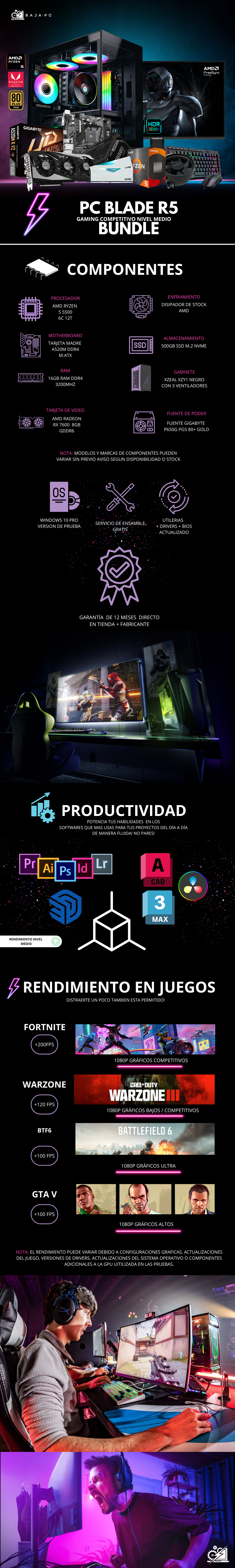 PC BLADE R5 BUNDLE / AMD RYZEN 5 5500 / RADEON RX 7600 8GB / 16GB RAM / 500GB SSD NVME / FUENTE 650W 80+ GOLD / MONITOR 24" FHD 200HZ 1MS / KIT TECLADO Y MOUSE / W11 PRO / PROMOCION