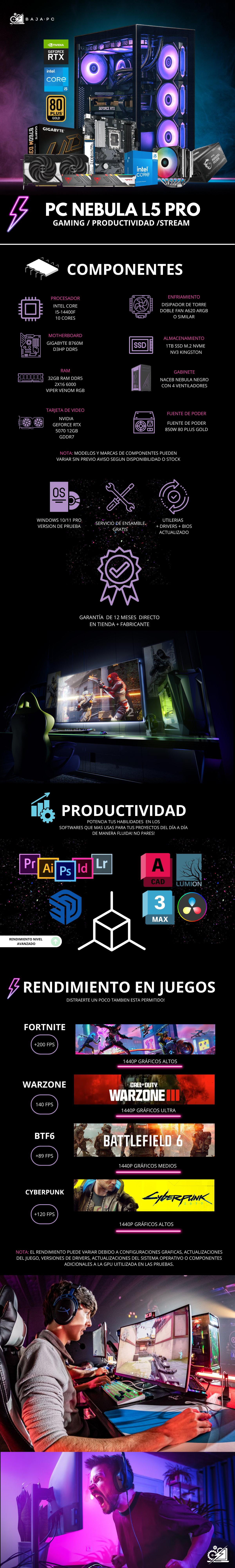 PC NEBULA L5 PRO / INTEL CORE I5-1440F / RTX 5070 / 32GB RAM DDR5 / 1TB SSD NVME/ DISIPADOR DE TORRE DOBLE FAN / FUENTE 850W 80+ GOLD / W11 PRO/ PROMOCION