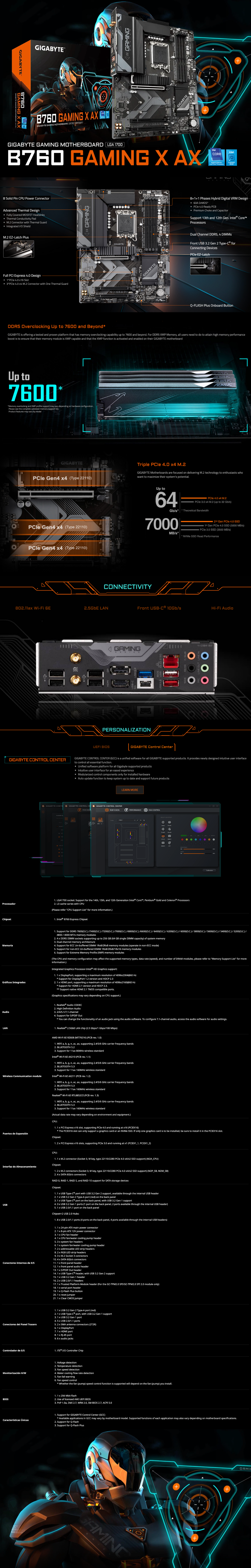 Tarjeta Madre Gigabyte B760 Gaming X AX / LGA 1700 / B760 / ATX / DDR5 / M.2 / PCIe 4.0 / USB 3.2 Gen2X2 Type-C / WiFi 6E/ 2.5GbE LAN/Q-Flash Plus / PCIe EZ-Latch / B760 GAMING X AX