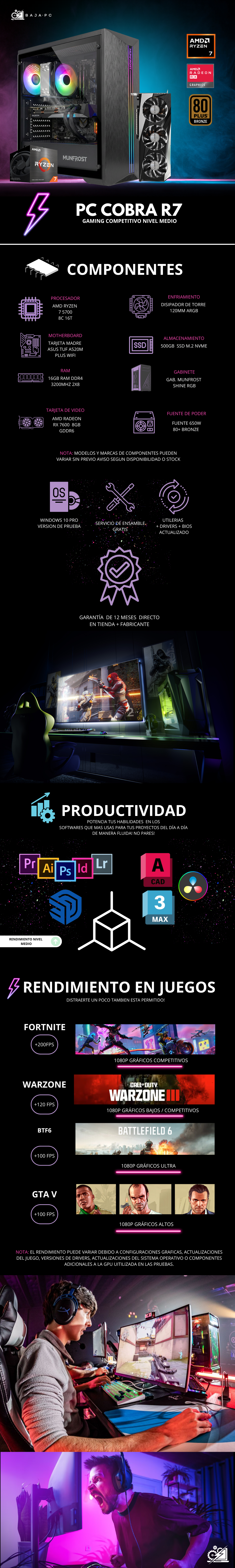 PC COBRA R7 / AMD RYZEN 7 5700 / RADEON RX 7600 / 16GB RAM / 500GB SSD NVME / A520M / DISIPADOR DE TORRE / FUENTE 650W 80+ BRONZE / W11 PRO / PROMOCION