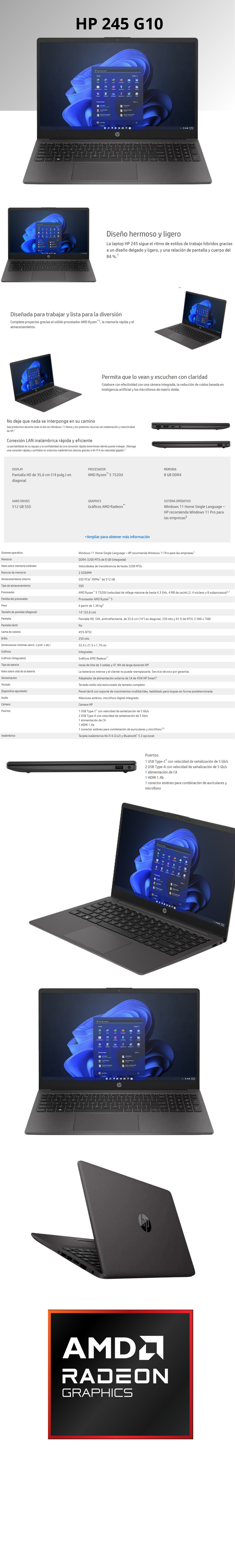 Laptop HP 245 G10 / AMD Ryzen 5 7520U / Radeon Graphics / 8GB RAM / 512GB SSD / Windows 11 Home / Pantalla 14" LED HD
