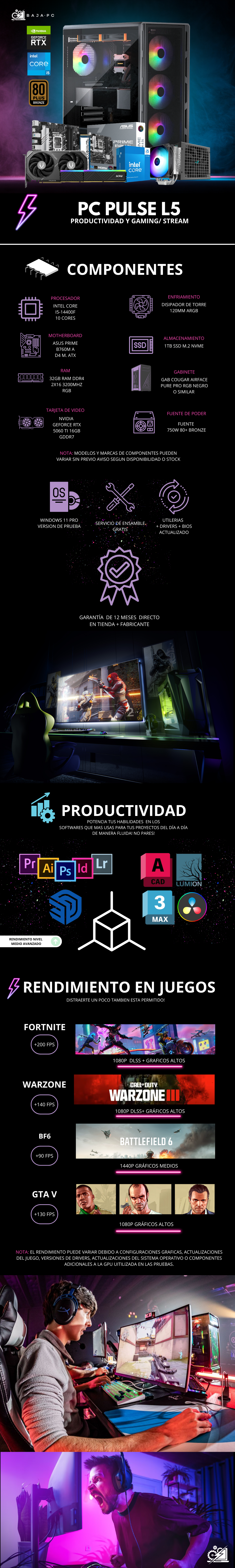 PC PULSE L5 / INTEL CORE I5-14400F / RTX 5060 TI 16G / 32GB RAM / 1TB SSD NVME / DISIPADOR DE TORRE / FUENTE 750W 80+ BRONZE / W11 PRO / PROMOCION