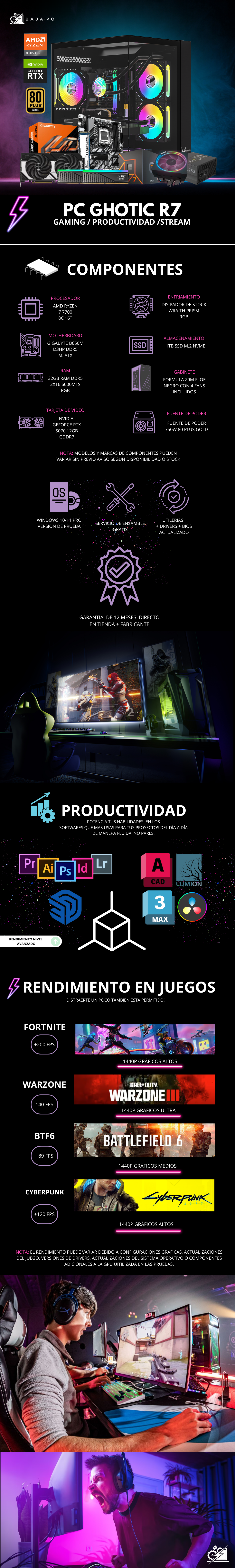 PC GOTHIC R7/ AMD RYZEN 7 7700 / RTX 5070 / 32GB RAM DDR5 / 1TB SSD NVME / DISIPADOR DE TORRE / FUENTE 750W 80+ BRONZE / W11 PRO / PROMOCION