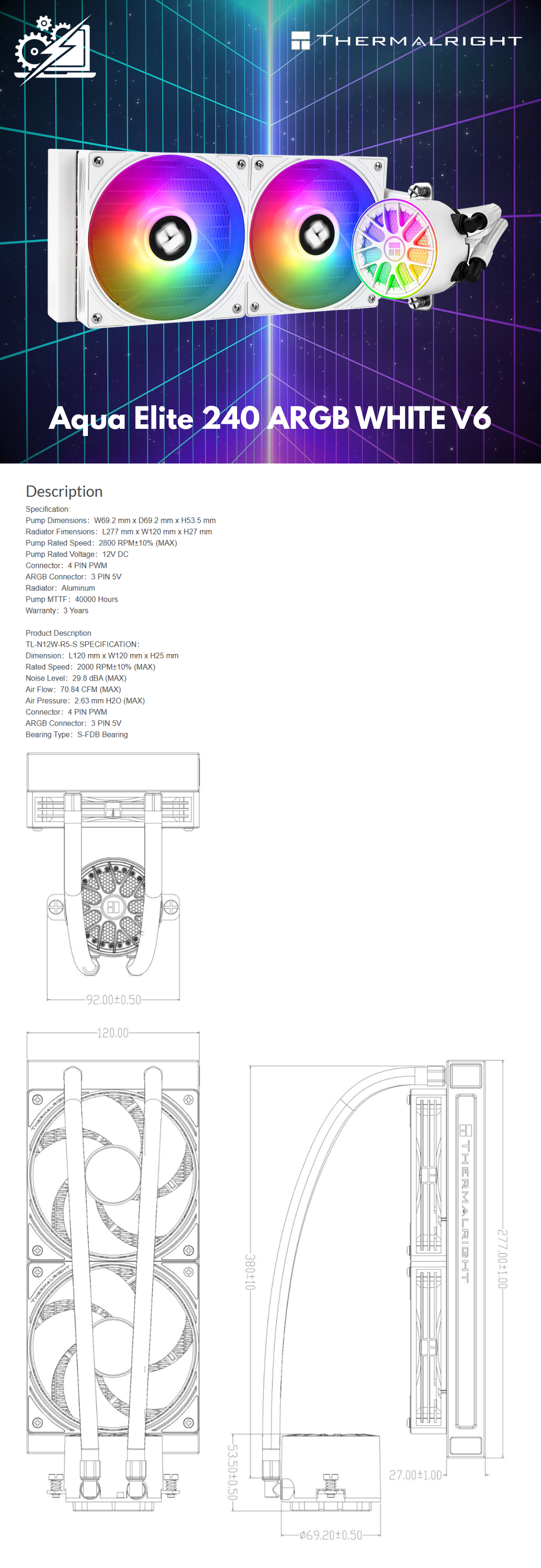 Thermalright Aqua Elite 240 V6 ARGB - Enfriador líquido de CPU blanca, radiador de agua de 2 x 120 mm, AMD: AM4/AM5, Intel LGA115X/1200/2011/1700/1851