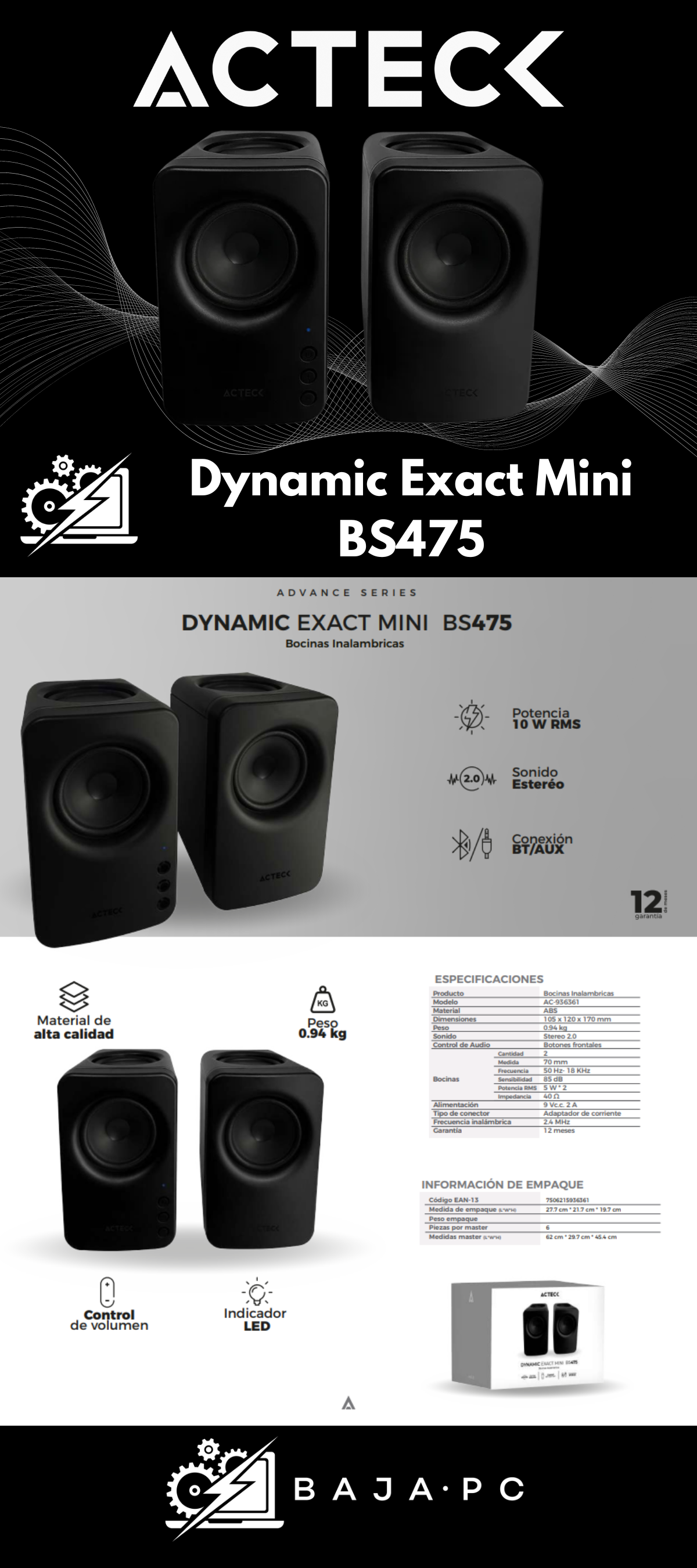 Bocinas para computadora Acteck / Dynamic Exact Mini BS475 / inalambricas / sonido estereo 2.0 / control de volumen / conexion aux y BT