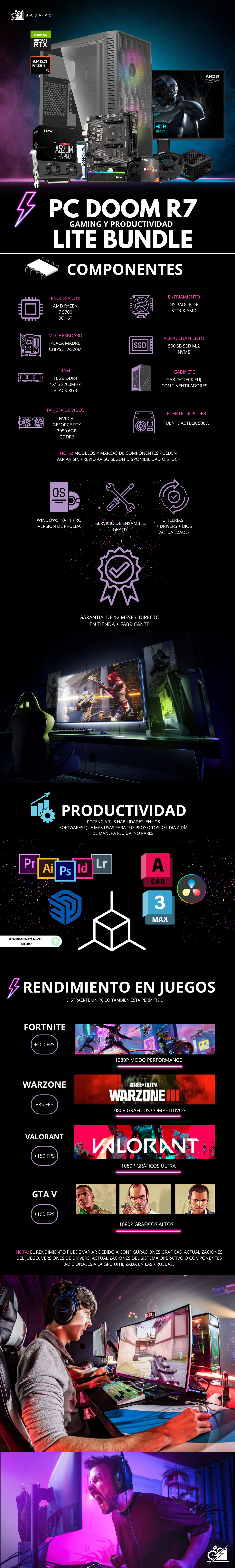 PC DOOM R7 LITE BUNDLE/ AMD RYZEN 7 5700 / RTX 3050 / 16GB RAM / 500GB SSD NVME / FUENTE 500W / INCLUYE MONITOR 24" FHD 200HZ 1MS / KIT TECLADO Y MOUSE/ PROMOCION