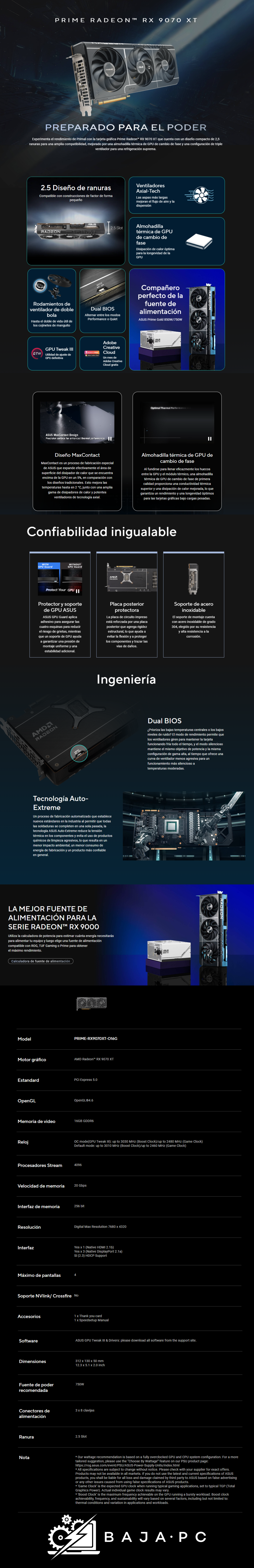 Tarjeta de Video ASUS PRIME RX 9070 XT OC Edition / AMD Radeon / 16GB / 256-bit GDDR6 / PCI Express 5.0 / PRIME-RX9070XT-O16G