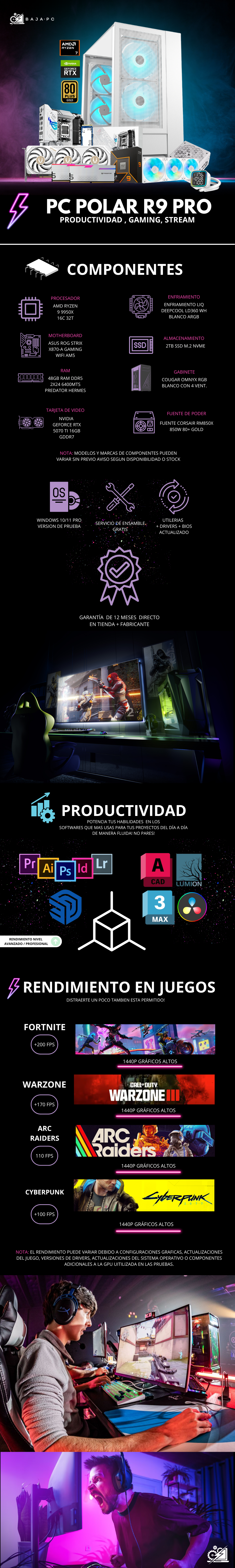 PC POLAR R7 PRO/ AMD RYZEN 7 9800X3D / RTX 5070 TI 16G / 32GB RAM DDR5 / 2TB SSD NVME / ENFRIAMIENTO LIQ 360MM / FUENTE 850W 80+ GOLD / W11 PRO / PROMOCION