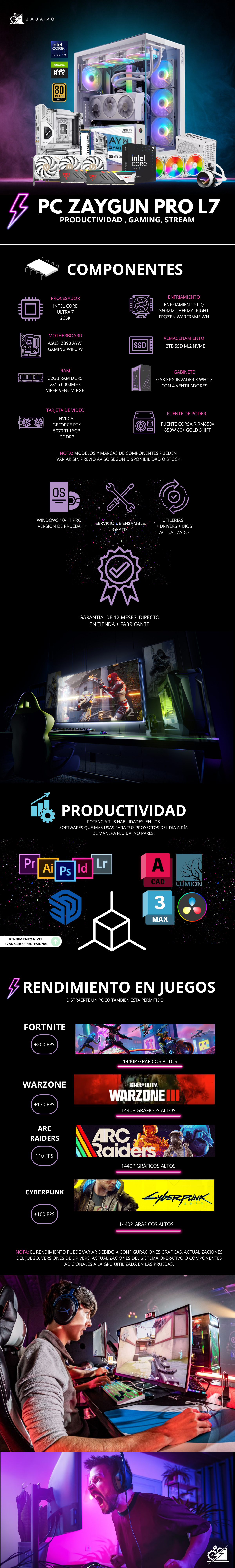 PC ZAYGUN PRO L7 / INTEL CORE ULTRA 7 265K / RTX 5070 TI 16G / 32GB RAM DDR5 / 2TB SSD NVME / ENFRIAMIENTO LIQ 360MM / FUENTE 850W 80+ GOLD / W11 PRO / PROMOCION