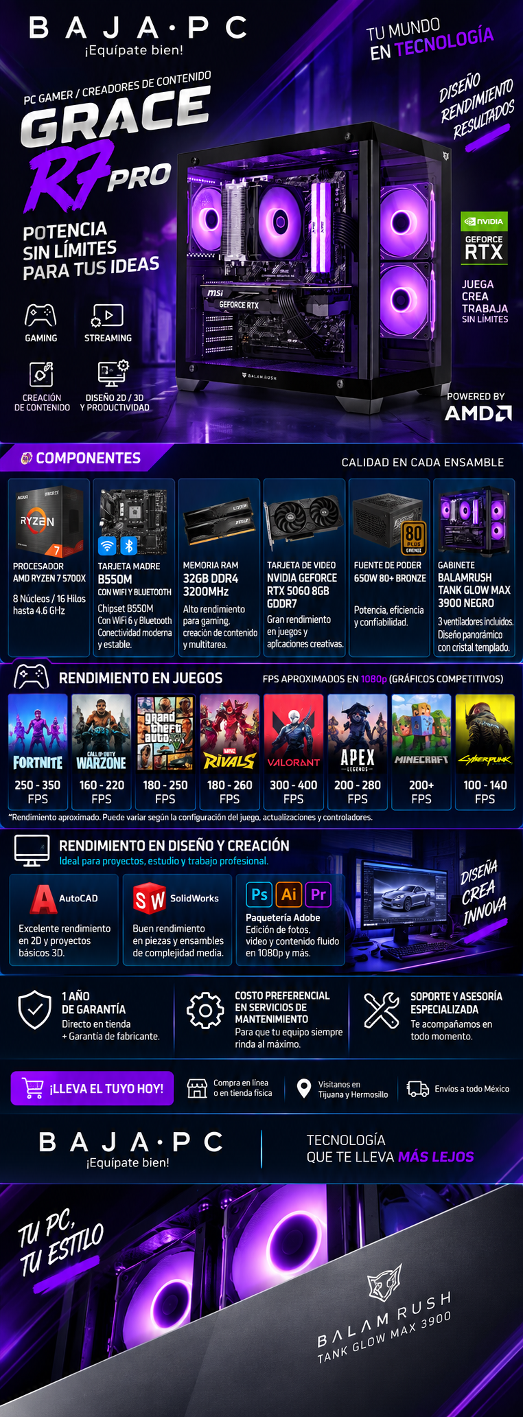 PC GRACE R7 PRO / AMD RYZEN 7 5700X / RTX 5060 / 32GB RAM / 1TB SSD M.2 NVME/ DISIPADOR DE TORRE / FUENTE 650W 80+ BRONZE / W11 PRO / PROMOCION