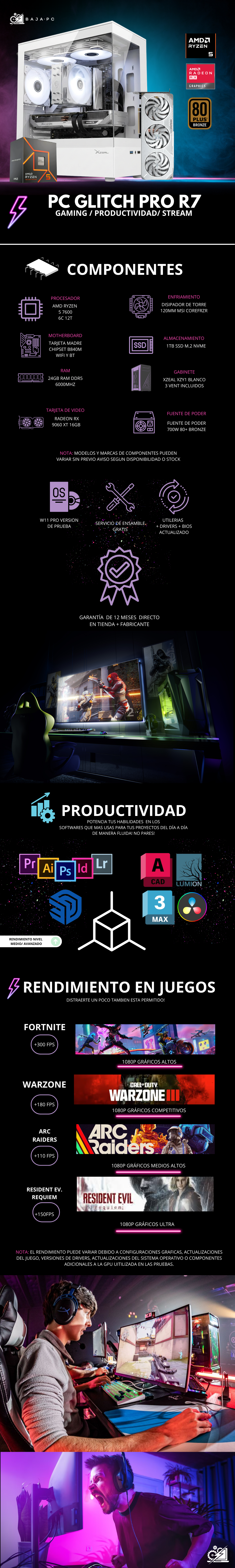 PC GLITCH PRO R5 / AMD RYZEN 5 7600 / RADEON RX 9060 XT 16G / 24GB RAM DDR5 / 1TB SSD NVME / DISIPADOR DE TORRE / FUENTE 700W 80+ BRONZE / W11 PRO / PROMOCION