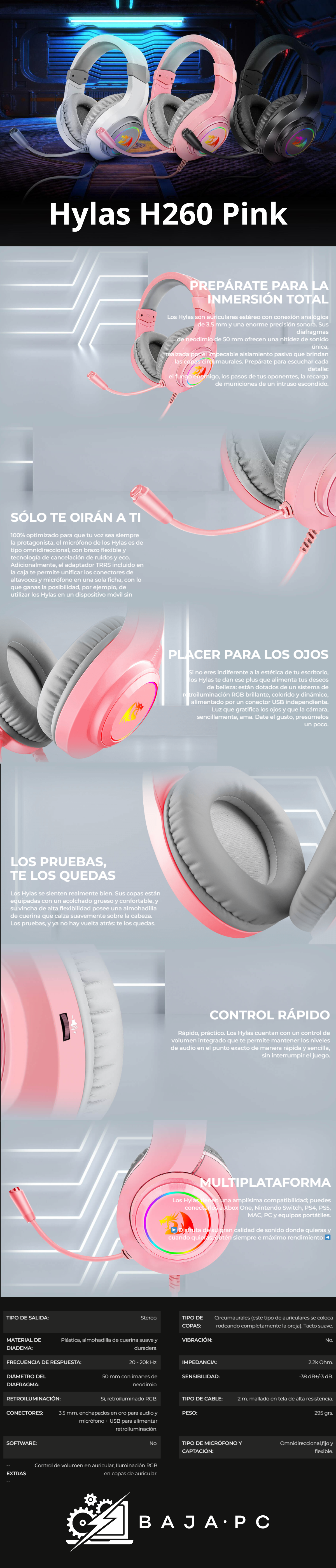 Diadema Gamer Redragon Hylas Rosa H260P-RGB / 3.5mm + USB / PC / Nintendo Switch, Xbox, PS4