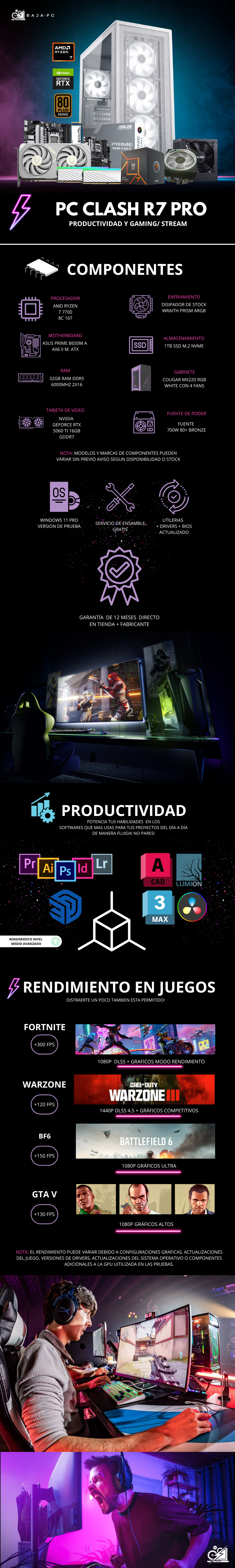 PC CLASH R7 PRO / AMD RYZEN 7 7700 / RTX 5060 TI 16G / 32GB RAM DDR5 / 1TB SSD NVME / FUENTE 700W 80+ BRONZE / W11 PRO / PROMOCION