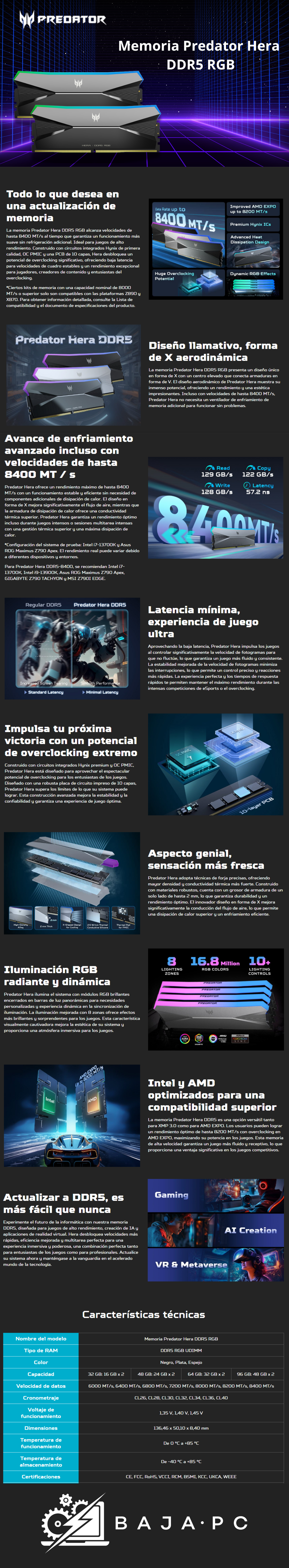 Kit Memoria RAM RGB PREDATOR Hera DDR5 / 7200 MT/s / 32GB (2x16GB / CL34 /  MIRROR / SOLO VENTA EN ENSAMBLE