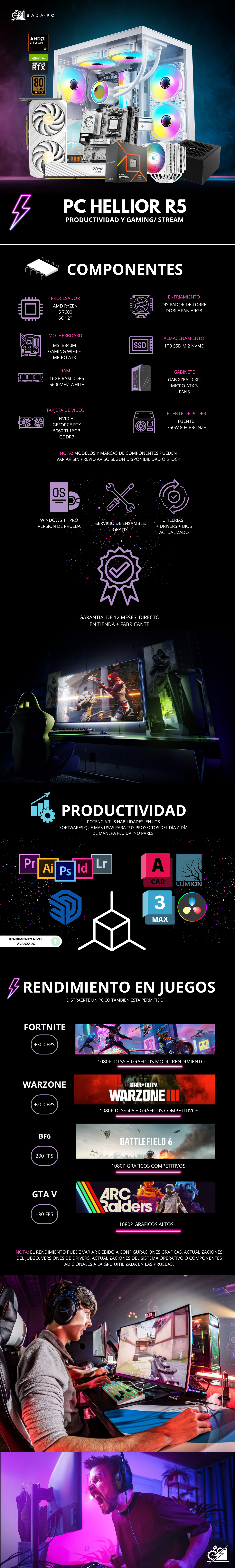 PC HELLIOR R5/ AMD RYZEN 5 7600 / RTX 5060 TI 16GB / 16GB RAM DDR5 / 1TB SSD NVME / DISIPADOR DE TORRE DOBLE FAN / FUENTE 750W 80+ BRONZE/ W11 PRO / PROMOCION