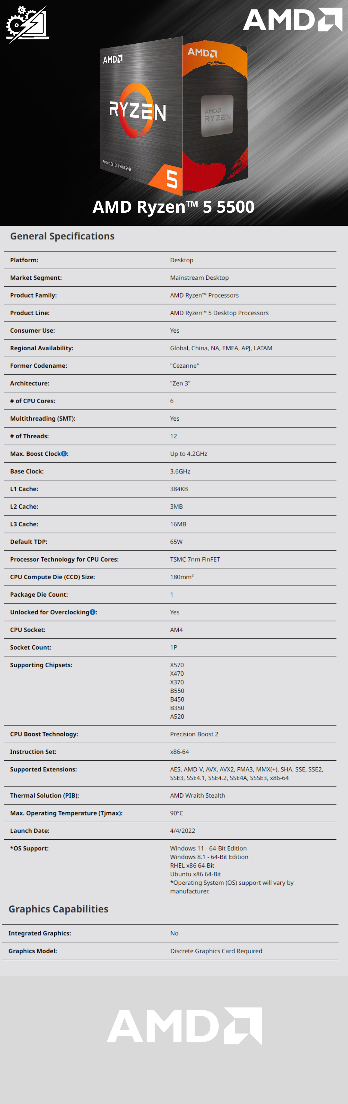 Procesador AMD Ryzen 5 5500 / 6 Core / 12 Thread / 3.6GHz / 4.2GHz Boost / TDP 65W / Incluye Disipador Wraith Stealth / (Requiere Tarjeta de Video) / 100-100000457BOX