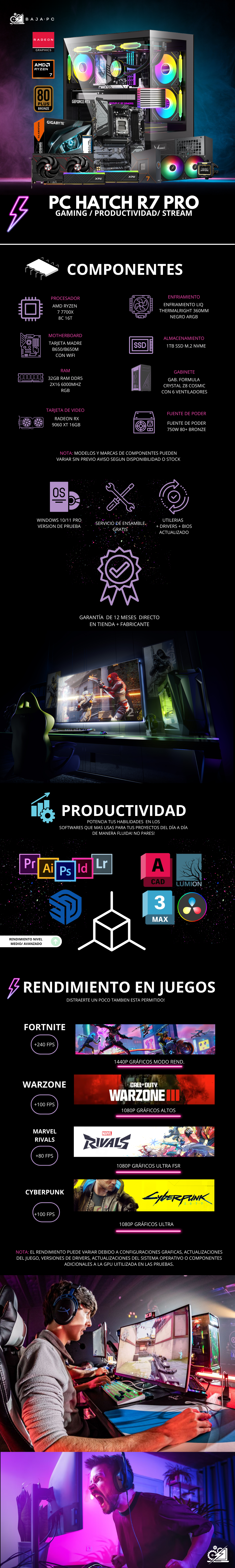 PC HATCH R7 PRO BUNDLE / AMD RYZEN 7 7700X / RX 9060 XT 16G / 32GB RAM DDR5 / 1TB SSD M.2 NVME / ENFRIAMIENTO LIQ 240MM / FUENTE 750W 80+ BRONZE / MONITOR ASUS 200HZ FHD 23.8"/ W11 PRO / PROMOCION