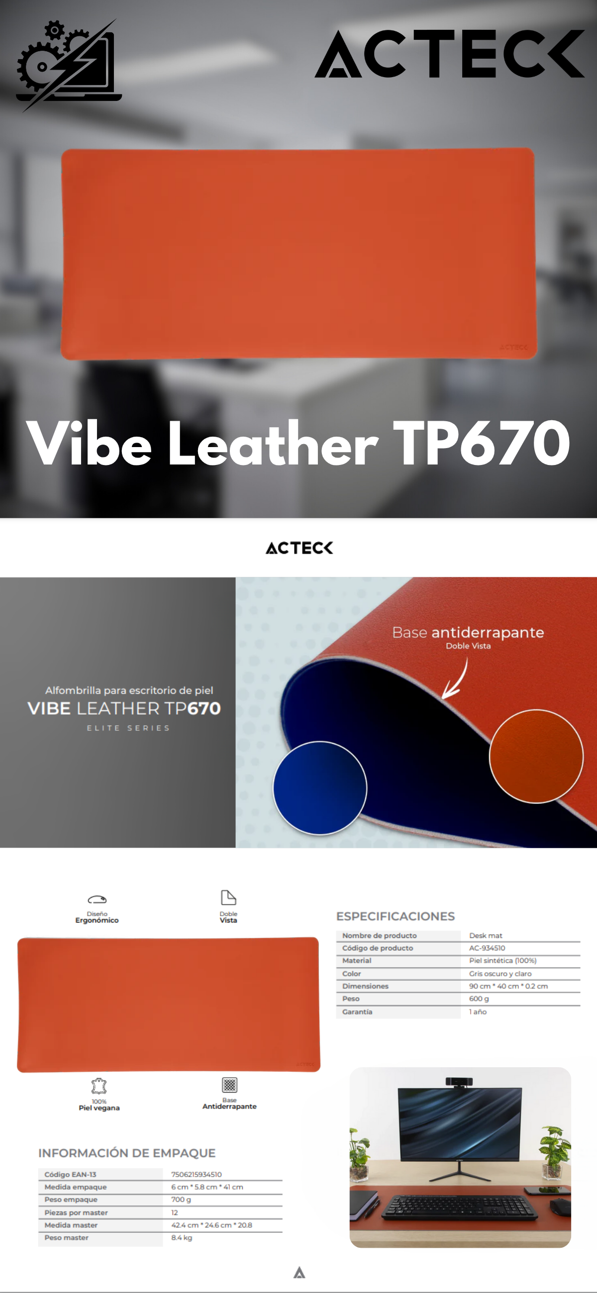 Mousepad Acteck Leather TP670 / Piel sintetica/ Doble vista Cafe/Azul /90x40cm/AC-934510