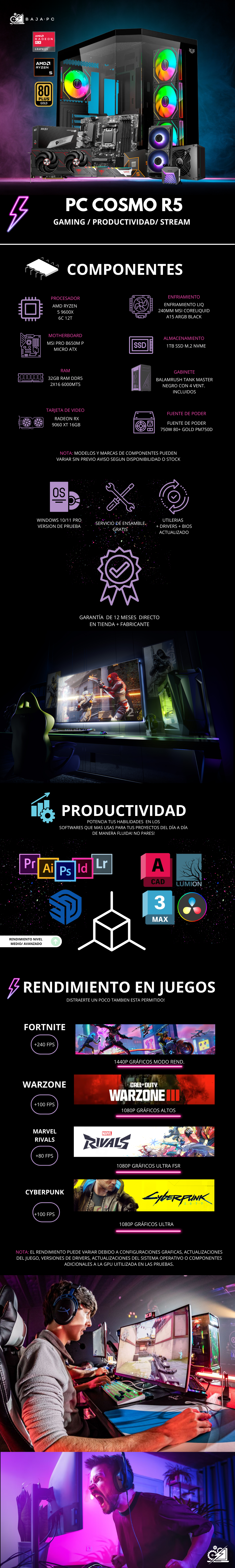 PC COSMO R5 / AMD RYZEN 5 9600X / RADEON RX 9060 XT / 32GB RAM DDR5 / 1TB SSD NVME / ENFRIAMIENTO LIQ 240MM / FUENTE DE PODER 750W 80+ GOLD / PROMOCION