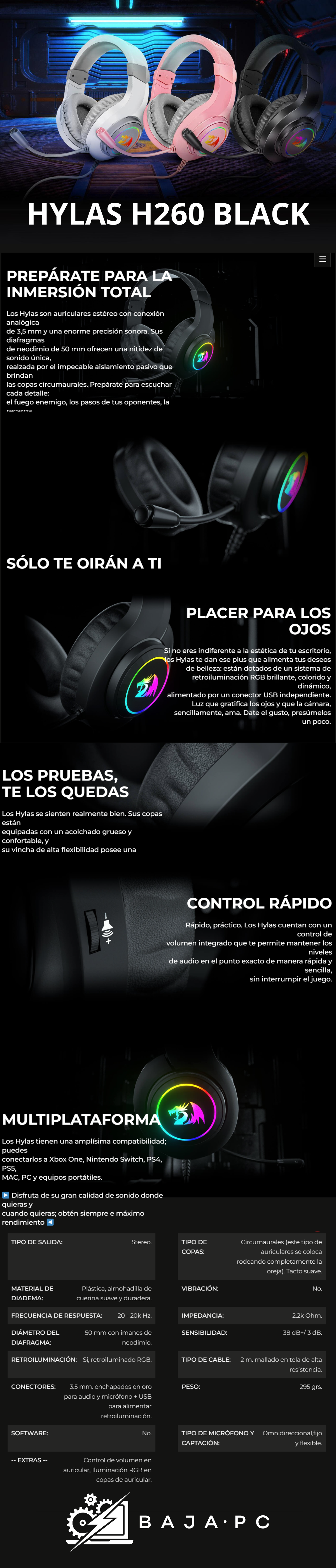 Diadema Gamer Redragon Hylas H260 RGB / 3.5mm / Negro / Sonido envolvente / PS4 / Xbox One / Switch