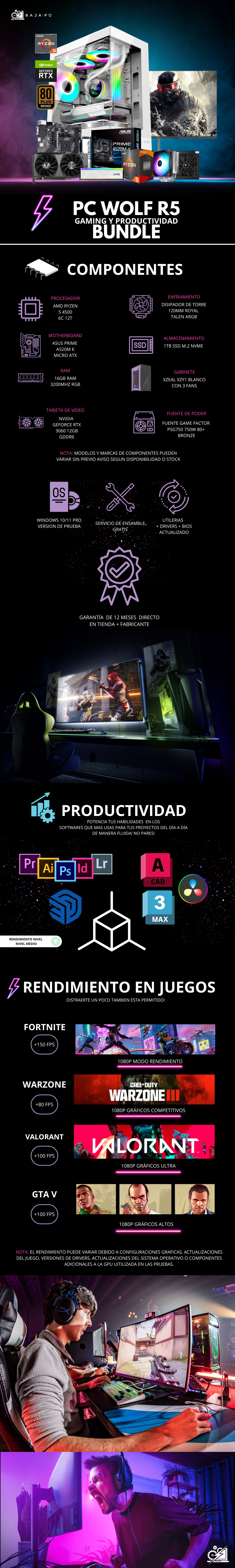 PC WOLF R5 BUNDLE / AMD RYZEN 5 4500 / RTX 3060 / 16GB RAM / 1TB SSD NVME / DISIPADOR DE TORRE ARGB /A520M / FUENTE 750W 80+ BRONZE/ MONITOR 144HZ 1MS FHD 23.8"/ W11 PRO / PROMOCION