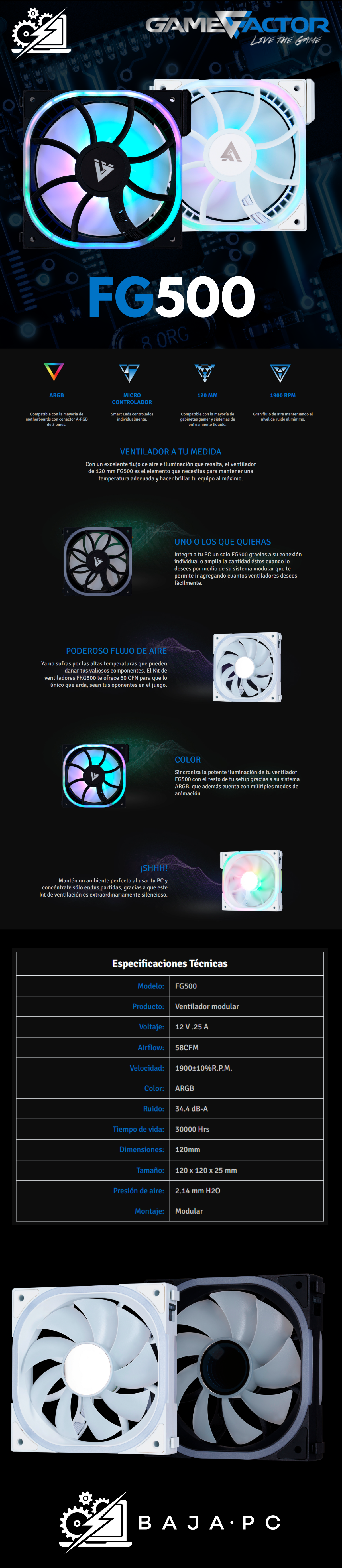 Ventilador Game Factor FG500 / Modular / Argb / 120MM / 1900Rpm / Blanco / FG500-WH