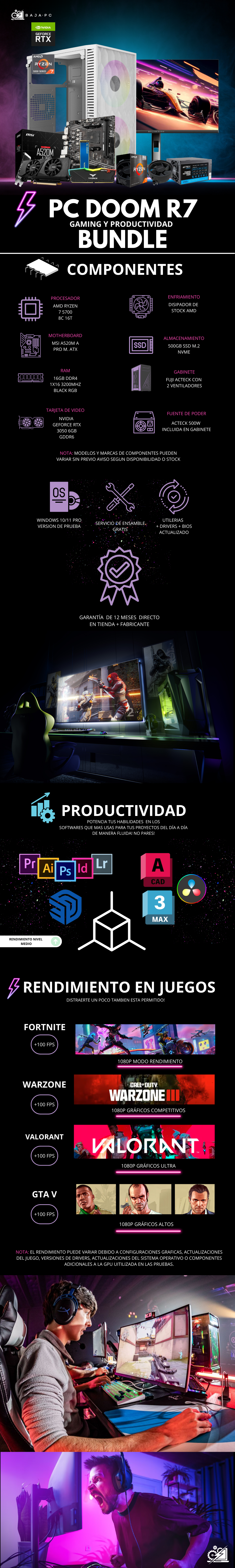 PC DOOM R7 BUNDLE/ AMD RYZEN 7 5700 / RTX 3050 / 16GB RAM / 500GB SSD NVME / FUENTE 500W / INCLUYE MONITOR 23/8" FHD 165HZ 1MS / PROMOCION